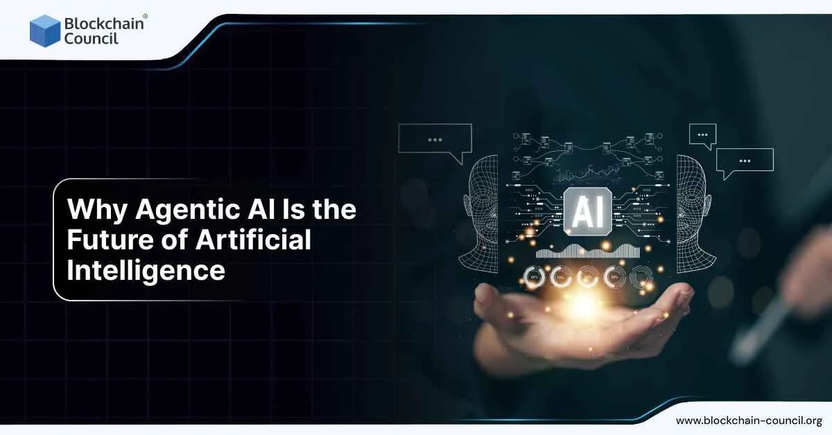 A professional holds a glowing holographic display with the AI symbol surrounded by digital heads and chat icons, representing Agentic AI as the next evolution of Artificial Intelligence.